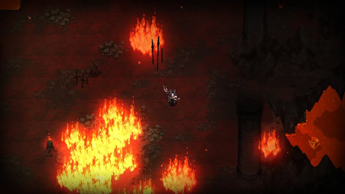 The Bard class crossing a fire-filled dungeon arena in Hero Siege