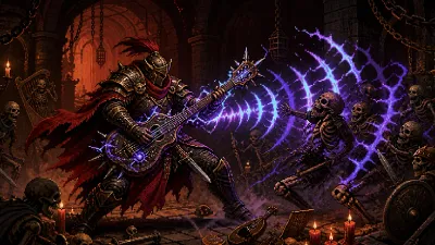 An armored battle bard sending sonic waves through a dungeon crowd