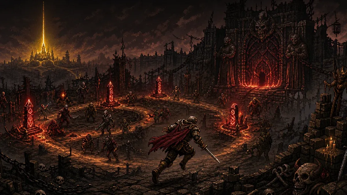 An adventurer following glowing waystones through ruins toward a distant portal