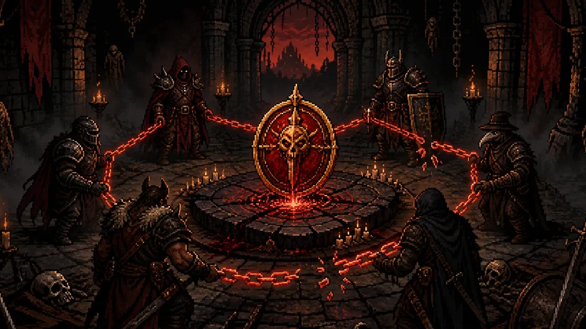 Hero Siege Blood Pact token on a ritual altar surrounded by a broken chain of adventurers