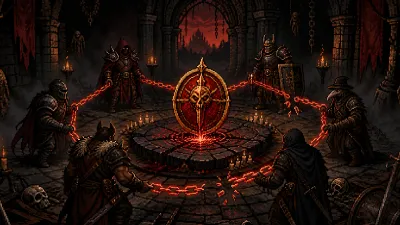 Hero Siege Blood Pact token on a ritual altar surrounded by a broken chain of adventurers
