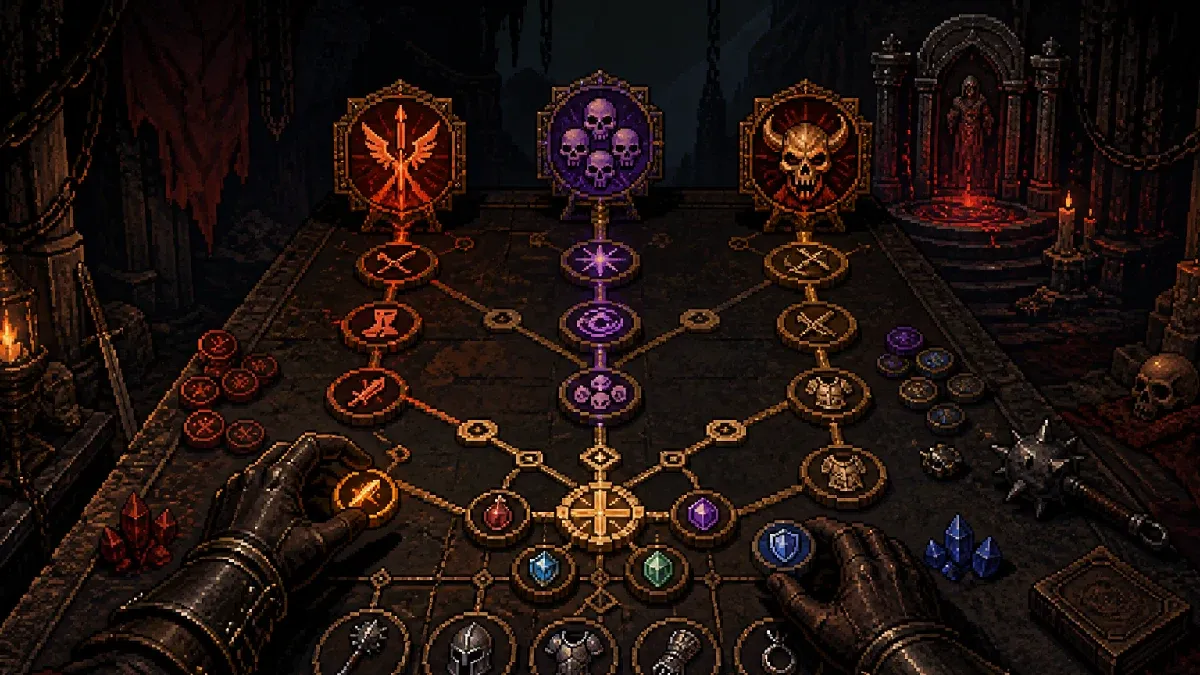 Gloved hands arranging skill tokens on an arcane build-planning grid