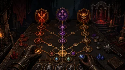 Gloved hands arranging skill tokens on an arcane build-planning grid