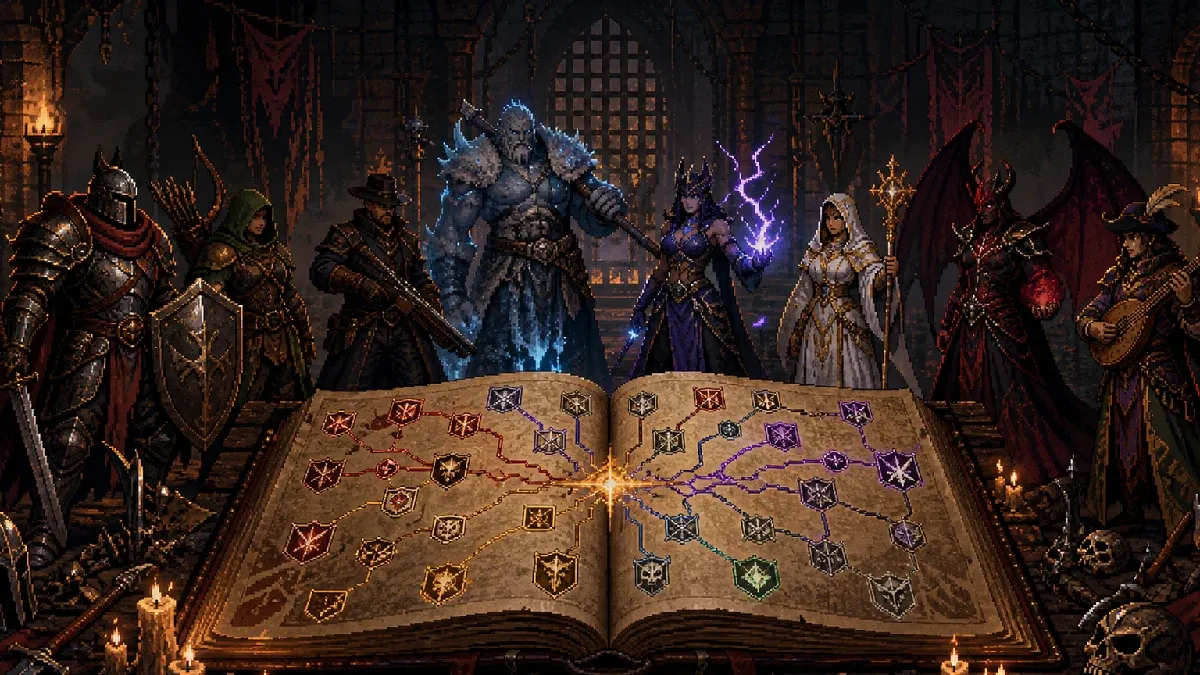 A branching arcane skill tree connecting weapons, armor and stat stones