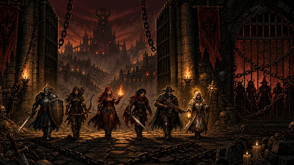 Six fantasy adventurer archetypes passing through an opened chained gate