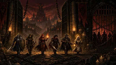 Six fantasy adventurer archetypes passing through an opened chained gate
