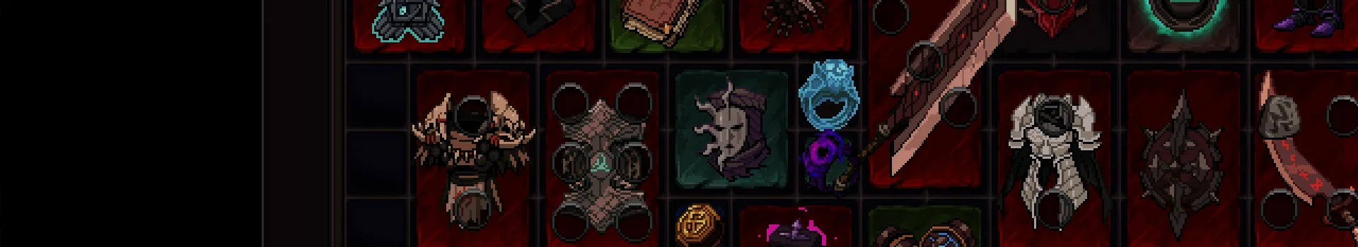 Weapons, armour, rings and other equipment arranged in the Hero Siege inventory