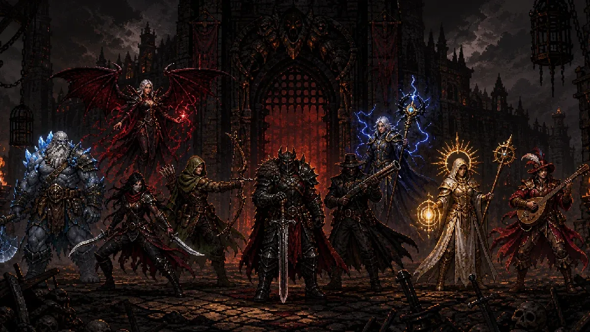 A varied group of fantasy class archetypes assembled before a dungeon gate
