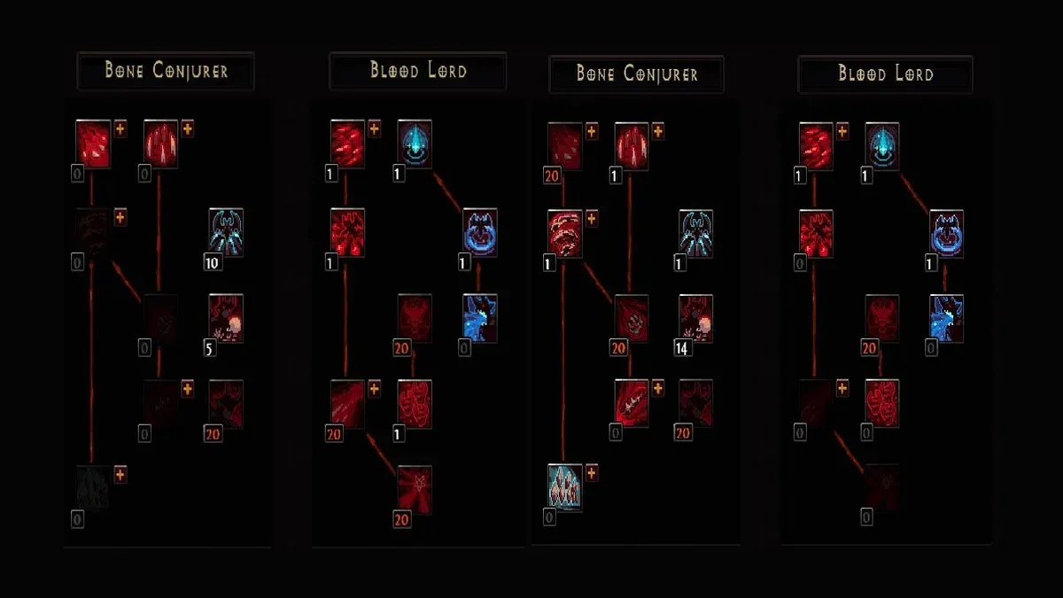 Demonspawn level 100 area damage and bossing skill trees shown side by side