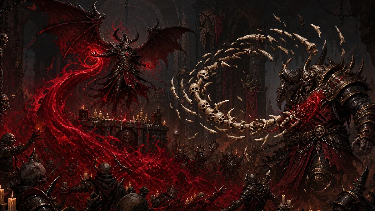 A winged blood-and-bone spellcaster attacking across a ruined crypt