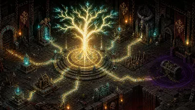 Hero Siege Ether Tree empowering dungeon mechanics while an Abyssal Chest remains outside its aura