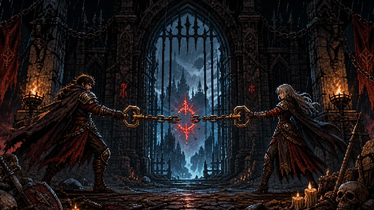Two Hero Siege players holding a shared key as a red ward severs the link between them
