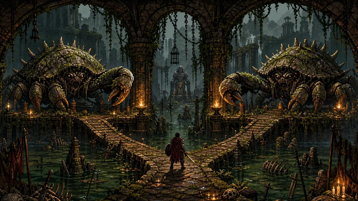 Two giant Garden Colossus crabs waiting in the left and right rooms of a misty swamp entrance