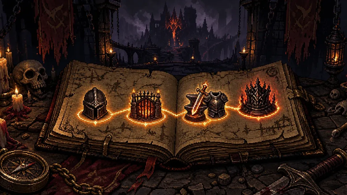 Open Hero Siege guidebook mapping a route from class choice through gear progression to bosses