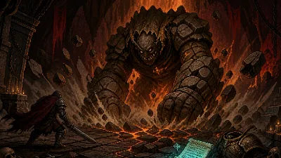 Gurag as a giant earth guardian unleashing an avalanche in a stone dungeon