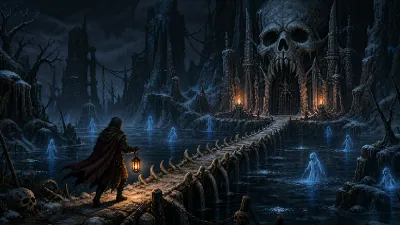 A frozen River Gjoll leading across a bone bridge to the skull gate of Niflhel Dungeon