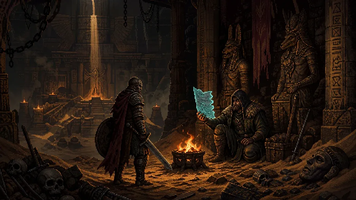 An adventurer finding Hurnir holding a glowing missing page inside a pyramid chamber