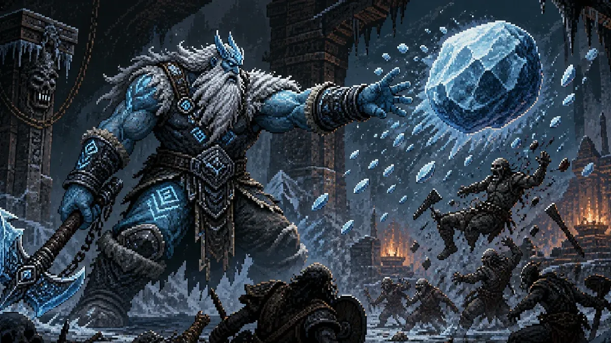 A frost giant wielding an ice weapon while hurling a frozen boulder