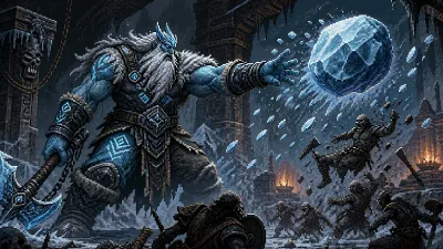 A frost giant wielding an ice weapon while hurling a frozen boulder