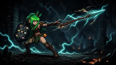 A pixel-art Lightning Amazon throwing a crystal javelin while carrying an elemental shield in a storm-lit dungeon