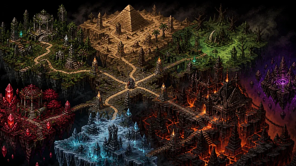 Isometric Hero Siege world map linking garden, pyramid, swamp, ice, and volcanic zones