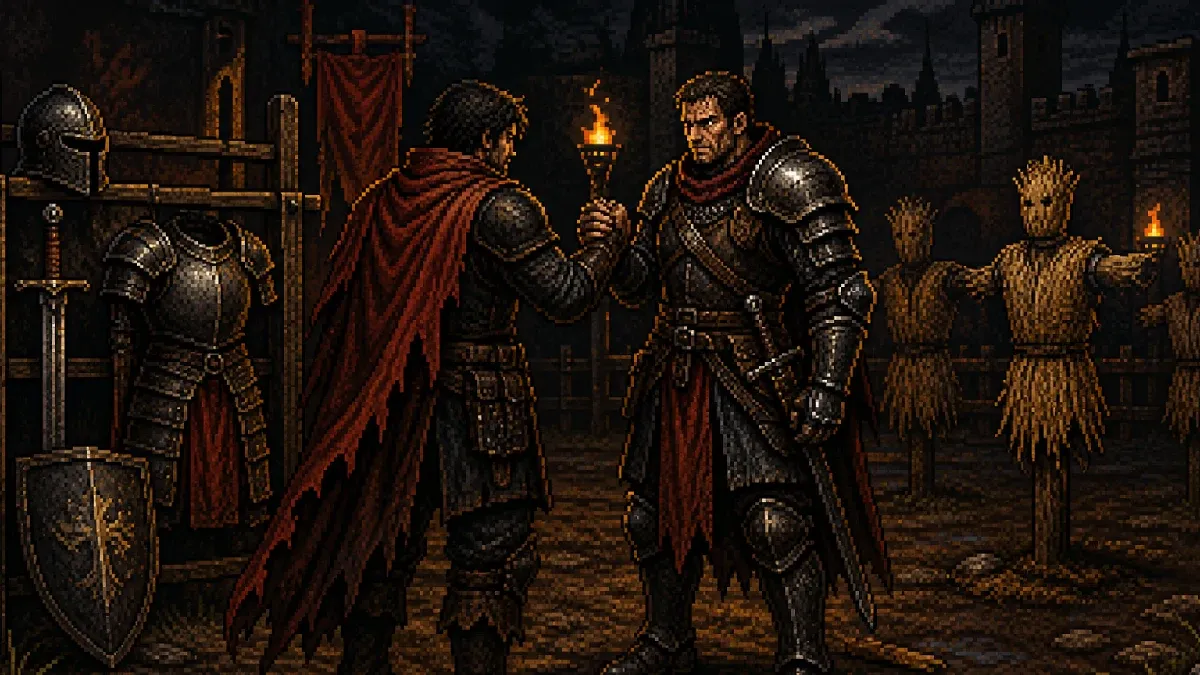 Hero Siege player hiring an armored mercenary beside training dummies and a gear rack