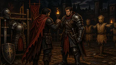 Hero Siege player hiring an armored mercenary beside training dummies and a gear rack