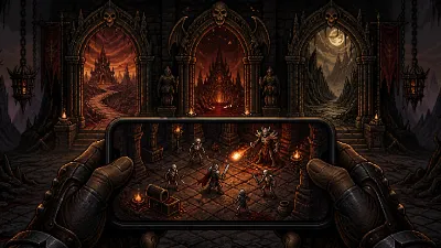 Dark fantasy dungeon combat displayed on a smartphone with cross-platform portals behind it