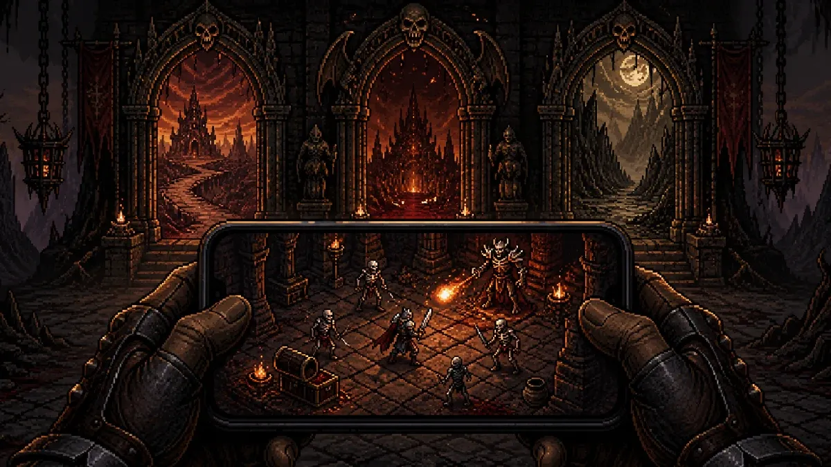 Dark fantasy dungeon combat displayed on a smartphone with cross-platform portals behind it