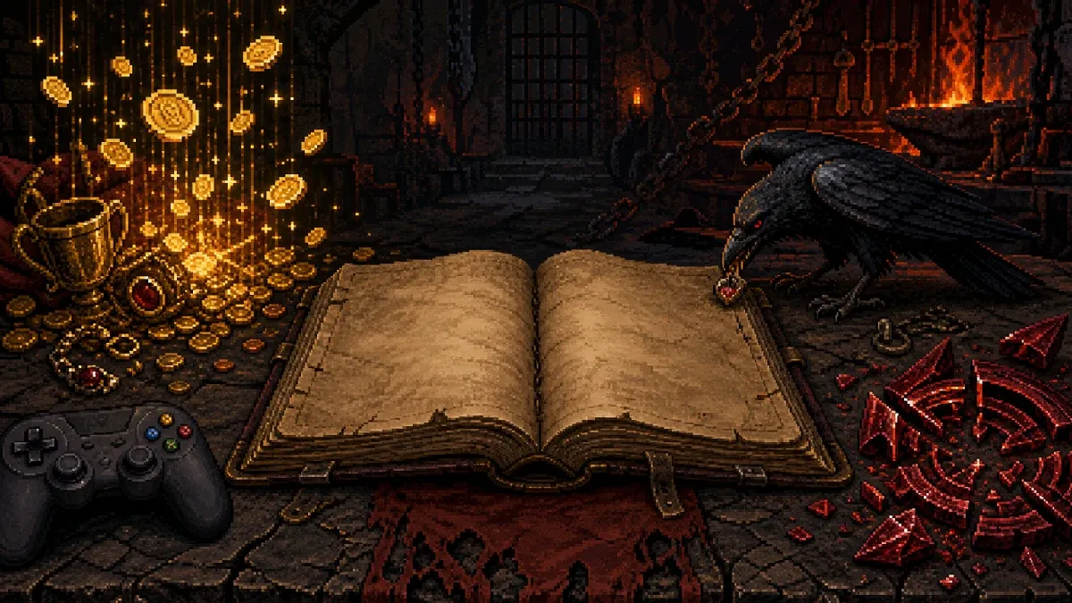 Blank patch ledger surrounded by loot, a controller, a companion raven, and a broken ban seal