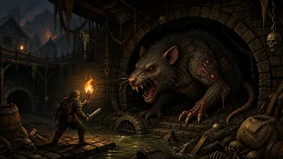 An adventurer confronting Fragrat at the entrance to the Rat Den