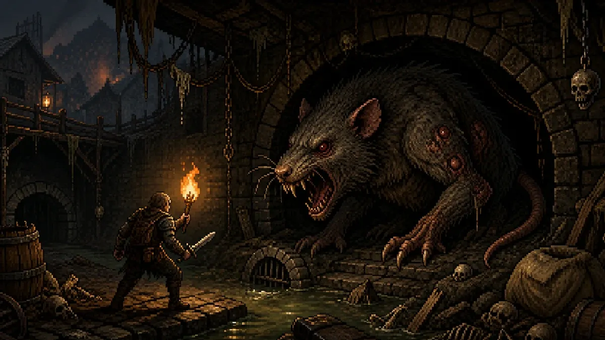 An adventurer confronting Fragrat at the entrance to the Rat Den