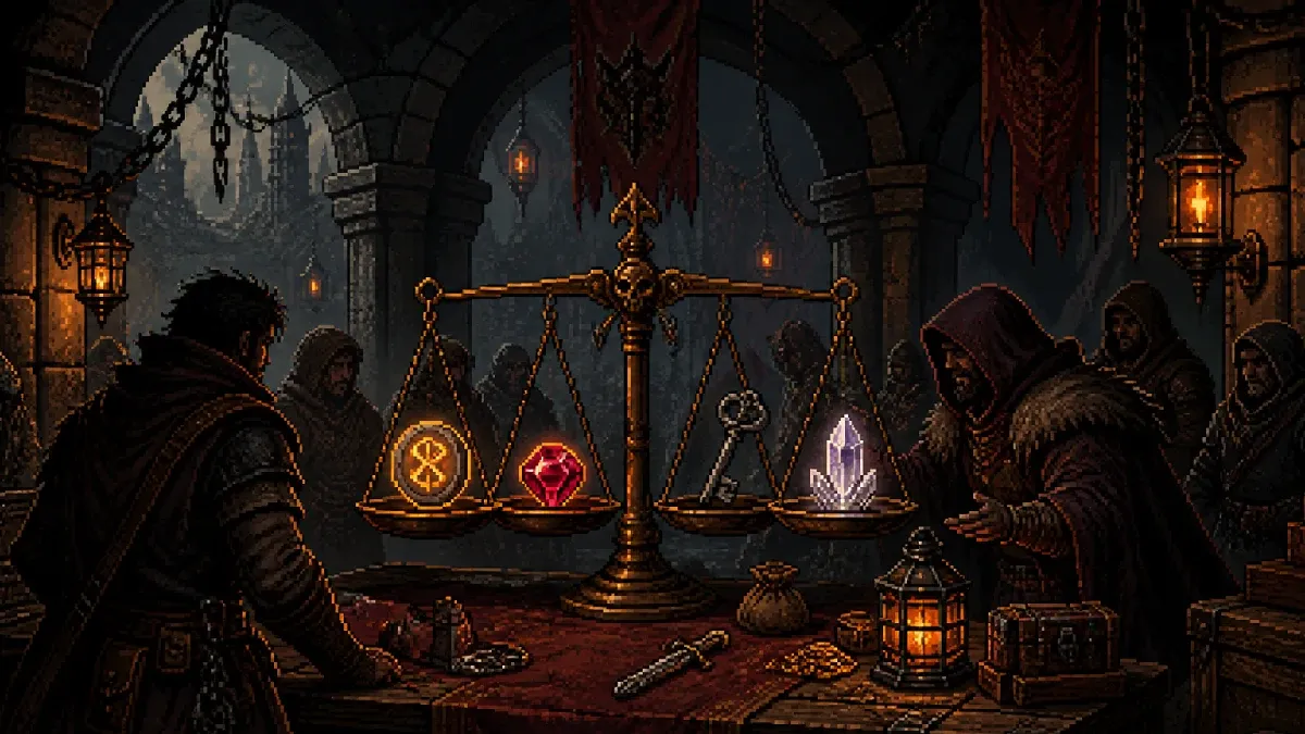 Hero Siege traders comparing a rune, gem, key, and crystal on a balance scale