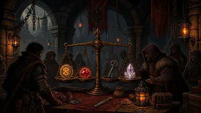 Hero Siege traders comparing a rune, gem, key, and crystal on a balance scale