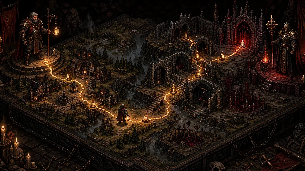Hero Siege questgivers tracing one linked route across towns and boss gates