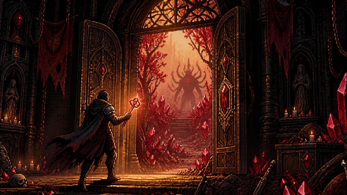 A Ruby Key opening Dawn Chapel into a crystal garden guarded by Endrixia