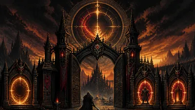 Gothic season gate opening beneath a celestial clock with desktop, console, and mobile portals