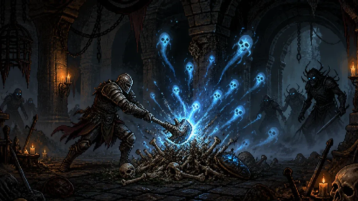 An adventurer breaking a bone pile as blue souls rise during the Seething Souls quest
