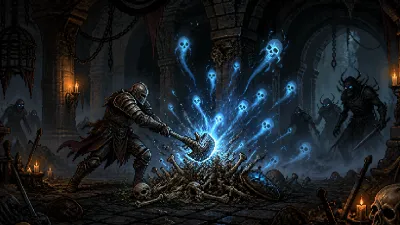 An adventurer breaking a bone pile as blue souls rise during the Seething Souls quest
