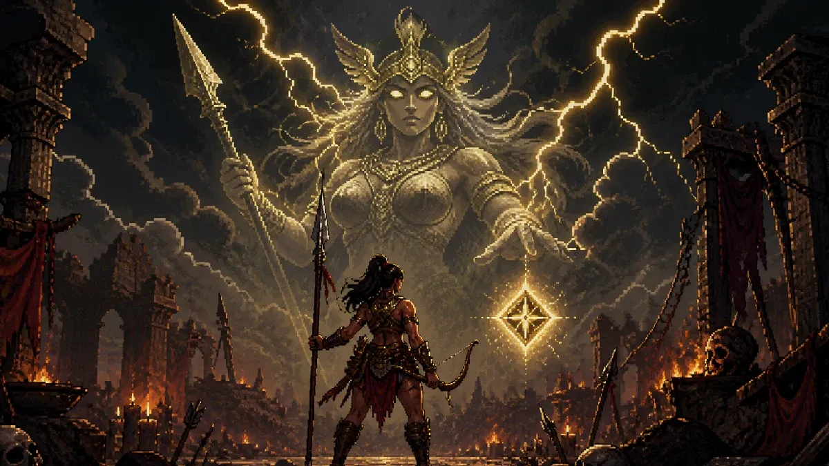 An Amazon warrior beneath a thunder goddess aura and an isolated skill rune