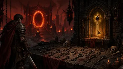 A pile of common iron dungeon keys below one rare gold key and a fiery dungeon portal