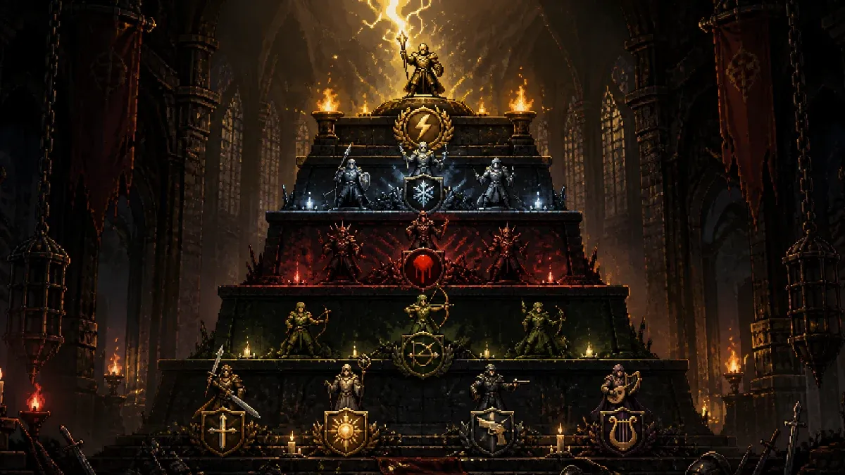 A five-level stone ranking dais topped by glowing weapon and spell emblems