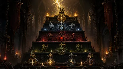 A five-level stone ranking dais topped by glowing weapon and spell emblems