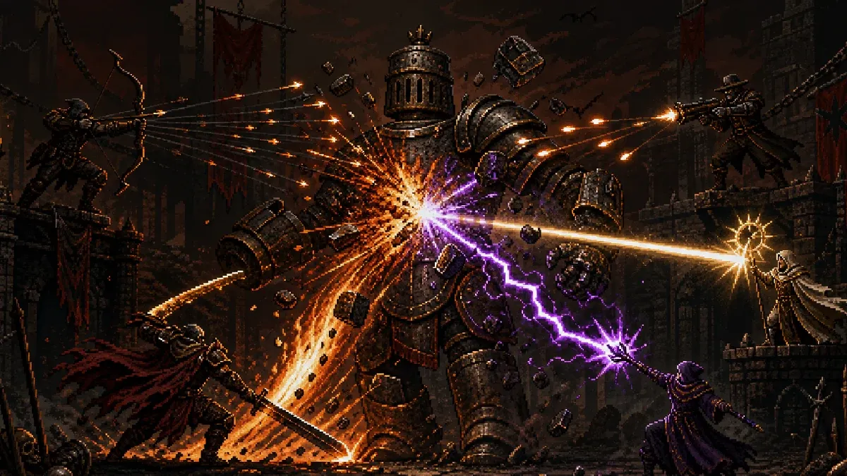 Melee, projectile and spell attacks converging on an armored target construct
