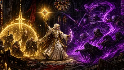 A white-robed mage balancing radiant healing magic and violet spirits