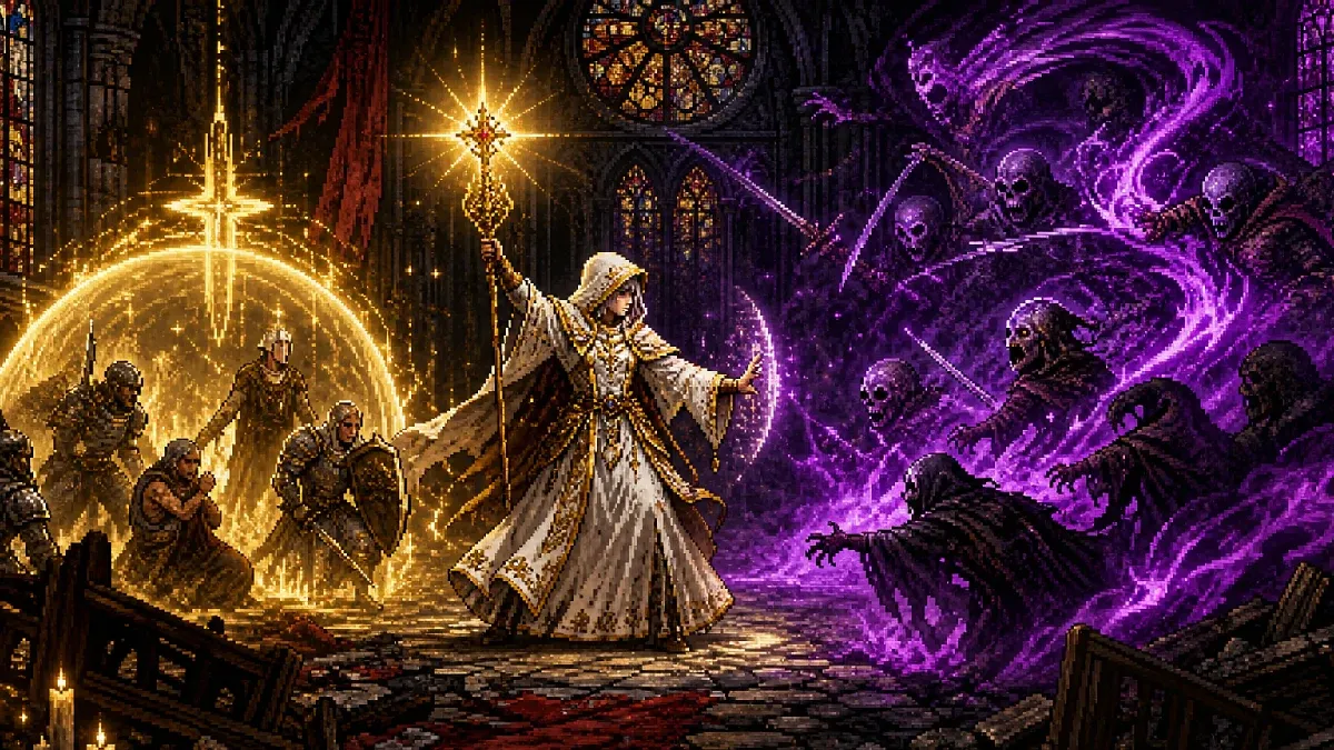 A white-robed mage balancing radiant healing magic and violet spirits